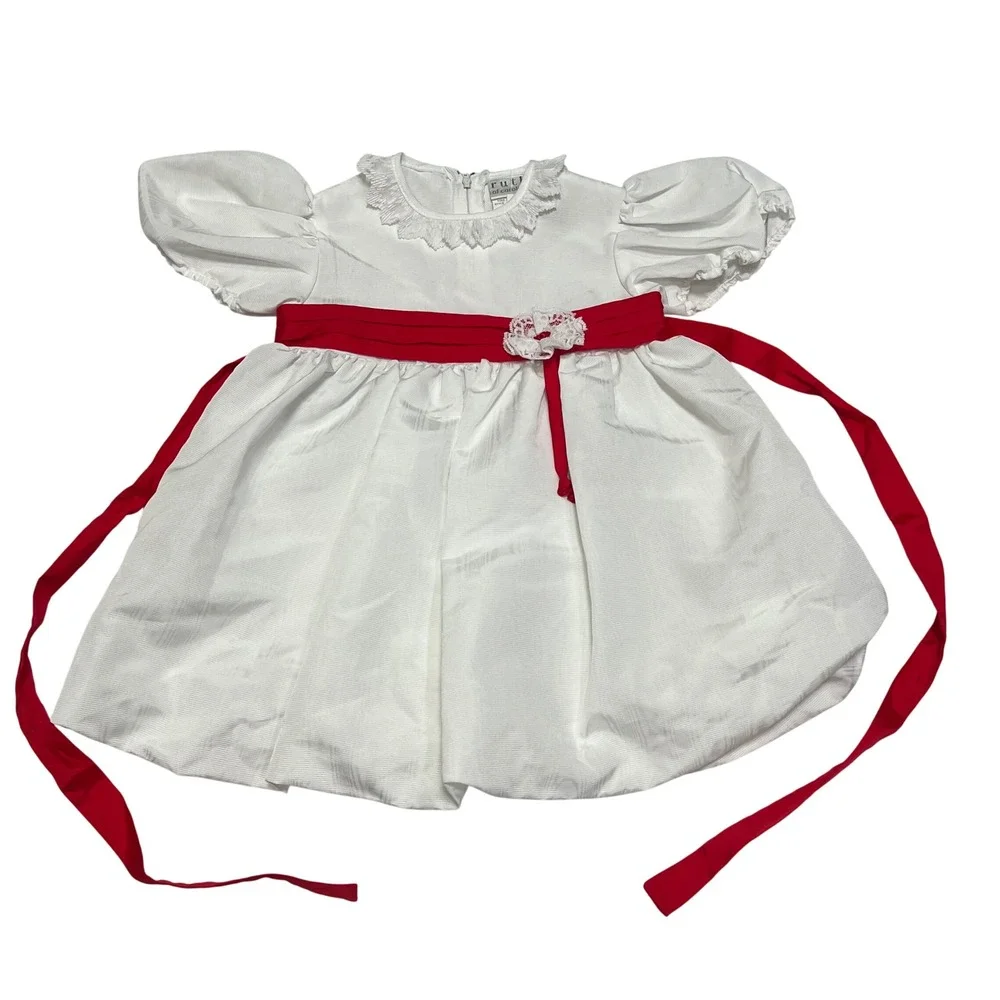 VINTAGE Ruth of Carolina Holiday Dress 4T Girls White Red Sash Lace Formal